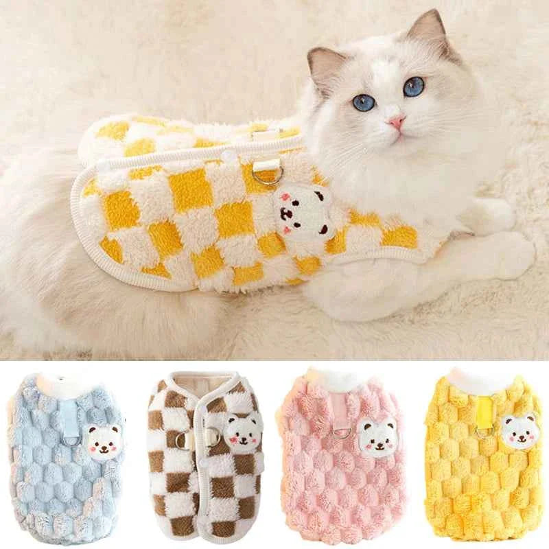 Plaid yellow cat sweater vest on a cat, with bear patch and buttoned front