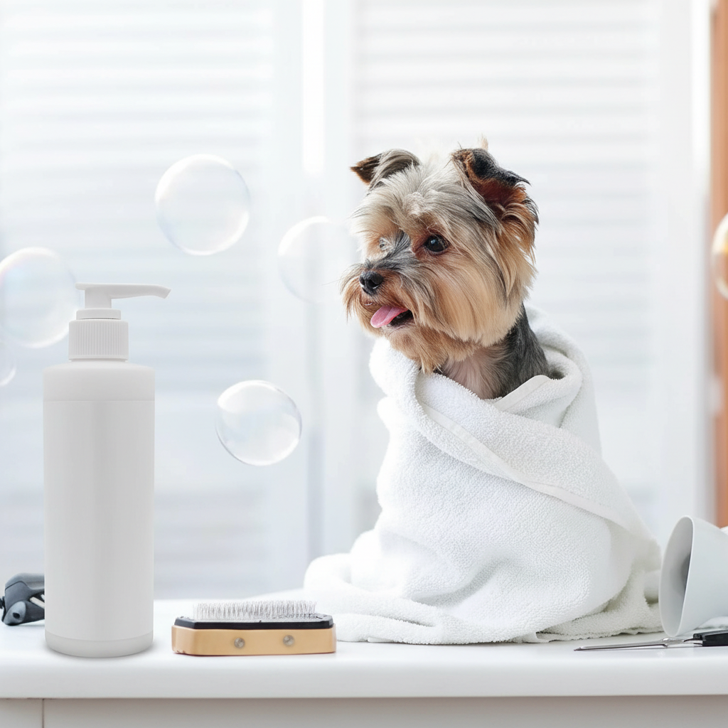 Dog shampoo and leave-in conditioner pump bottle beside grooming brush for small dogs