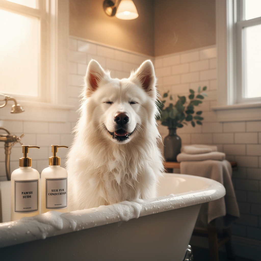 Dog shampoo and conditioner combo in two pump bottles, with white dog in tub.