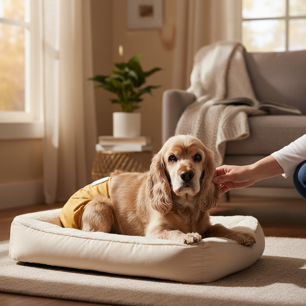 Yellow washable dog diaper on a resting dog