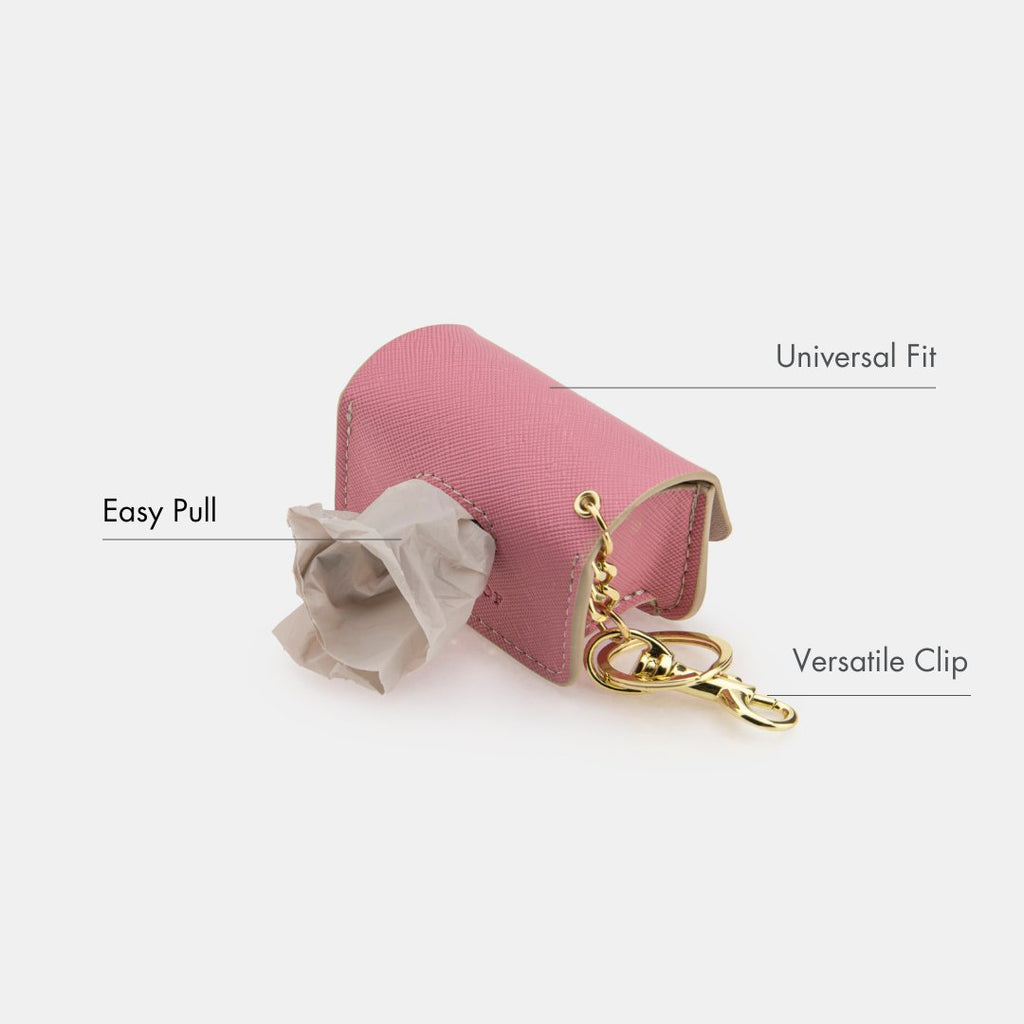 Lilac waste bag holder with easy-pull opening and attached key clip chain