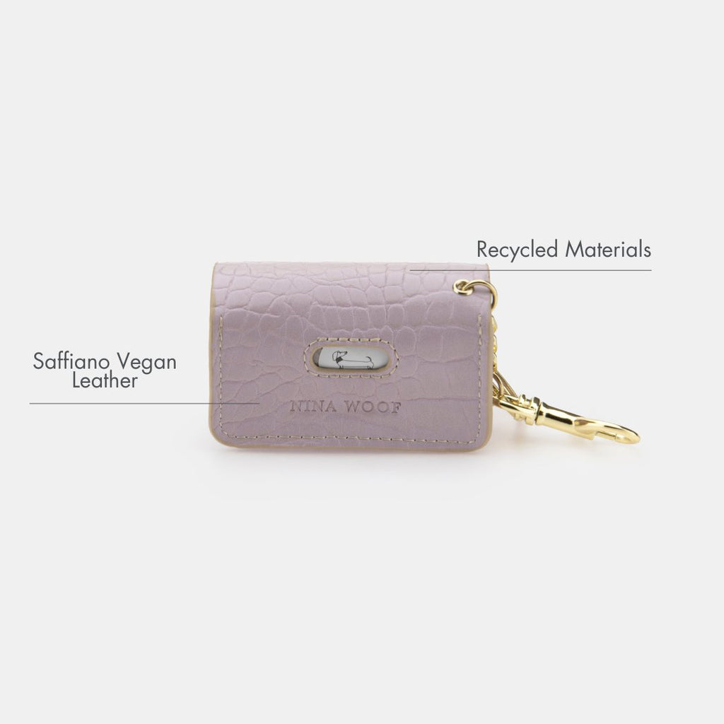 Lilac embossed waste bag holder with snap front and gold keyring clip