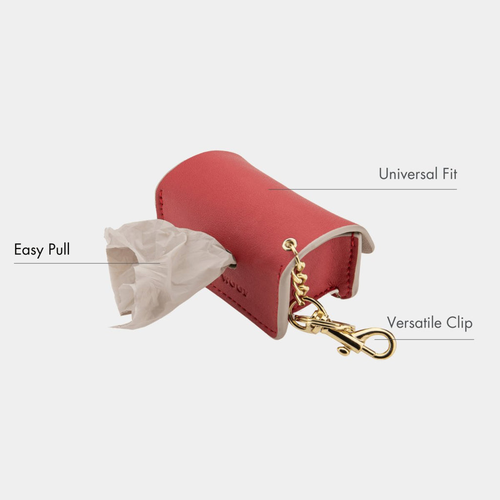 Red vegan leather waste bag holder with metal clip and snap top, easy pull opening