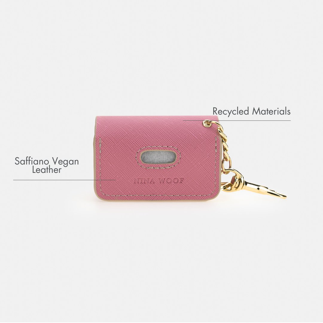 Lilac waste bag holder dispenser, side view with key clip and oval metal eyelet