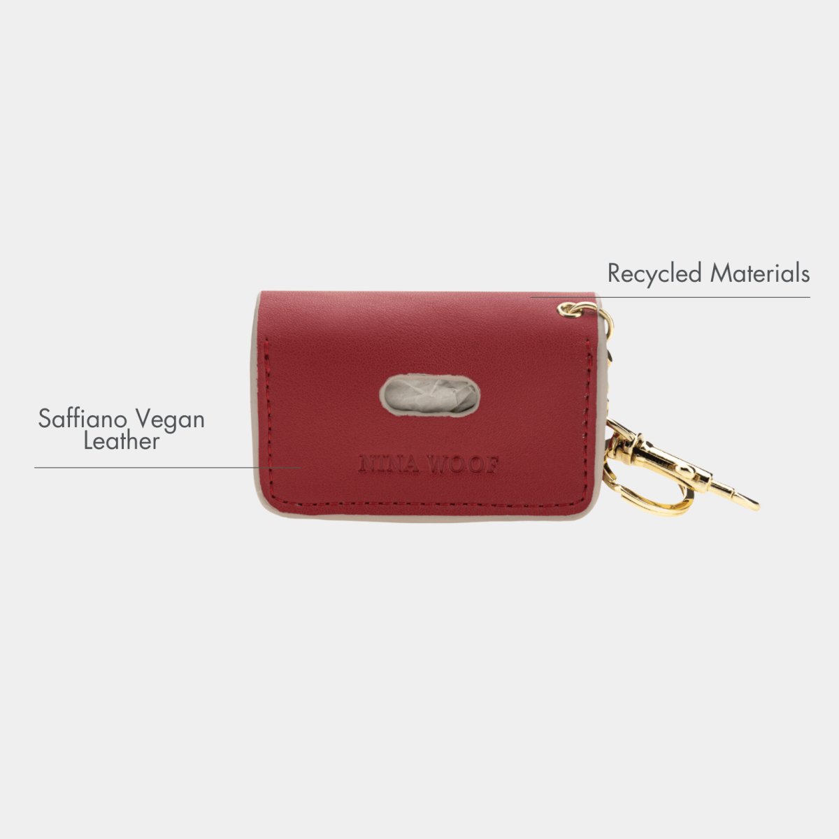 Red waste bag holder dispenser, side view with stitched flap and key clip hardware