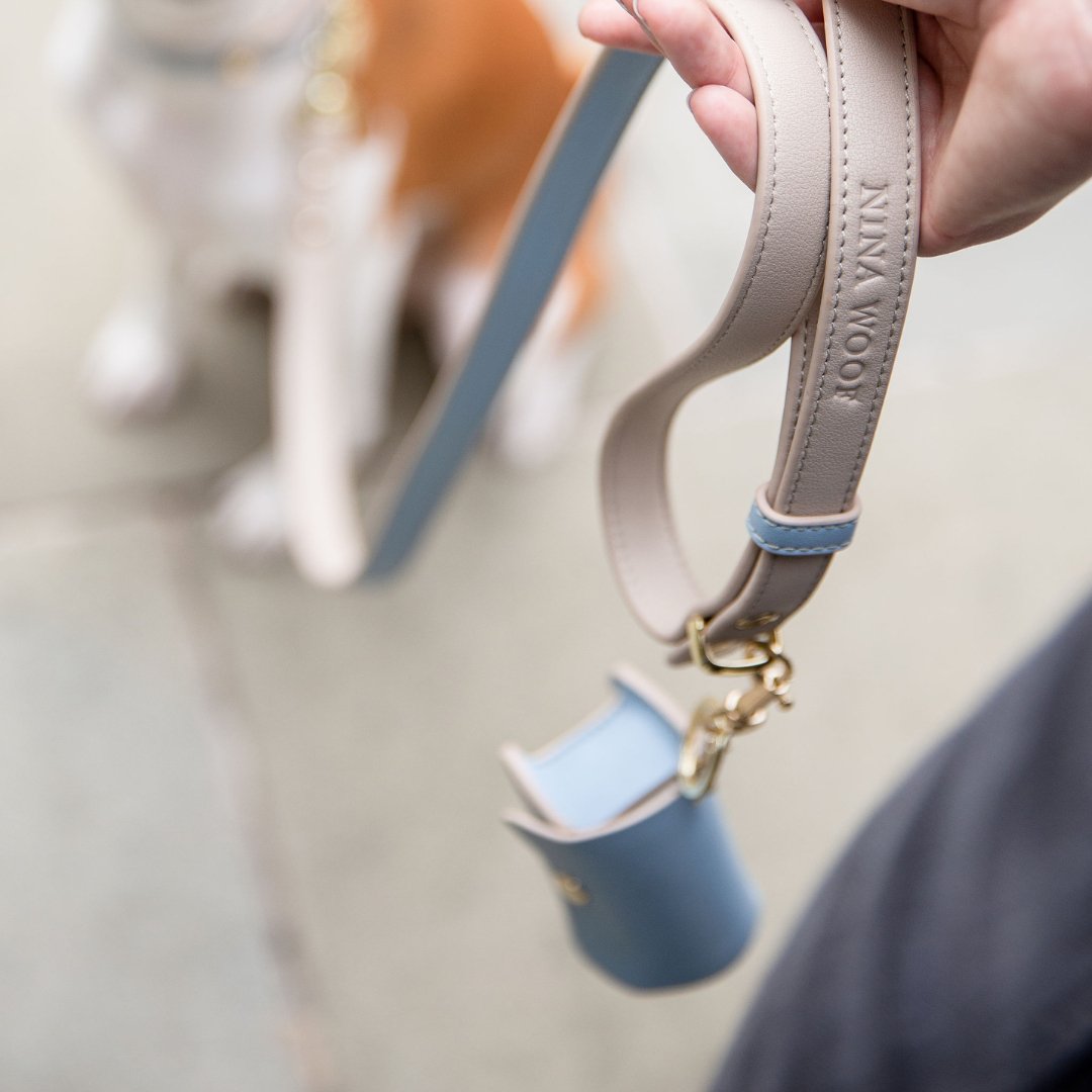 Blue waste bag holder clipped to a leash handle with a beige strap loop