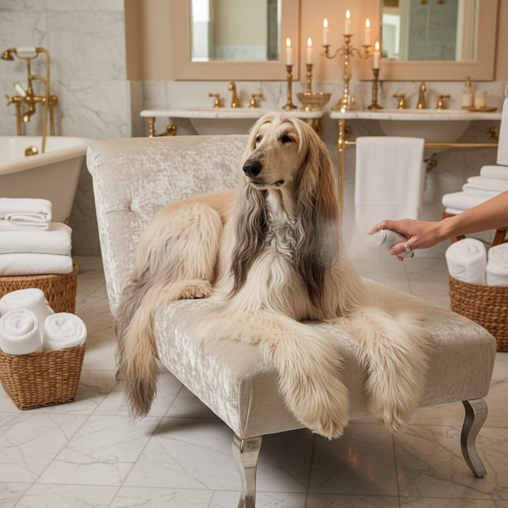 Waterless dry shampoo for dogs, hand grooming a long-haired dog on a couch