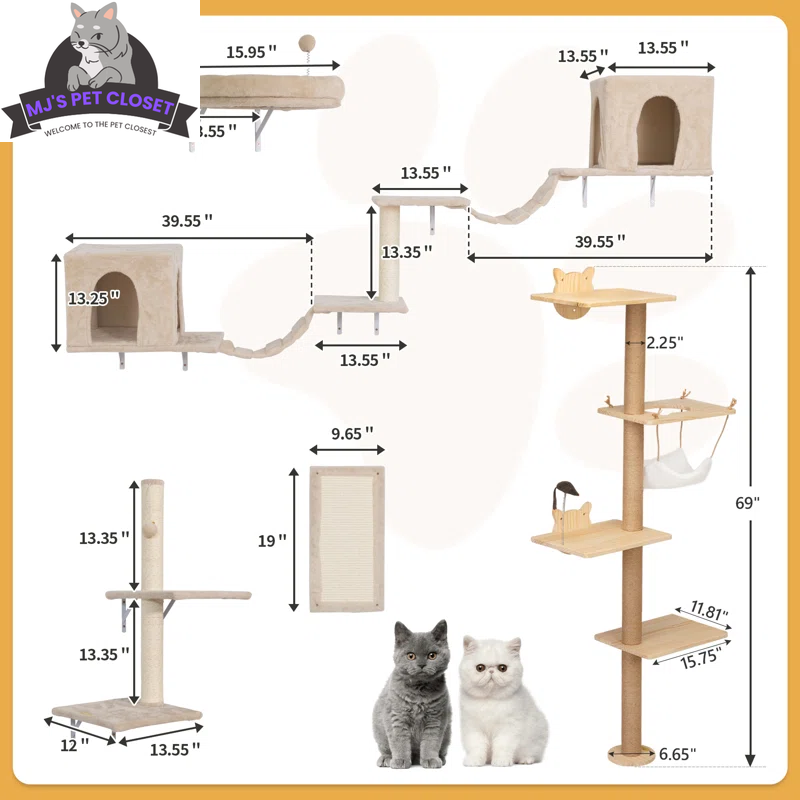 7-Piece Wall-Mounted Cat Climbing Tower & Tree Set — Space-Saving Modular Design