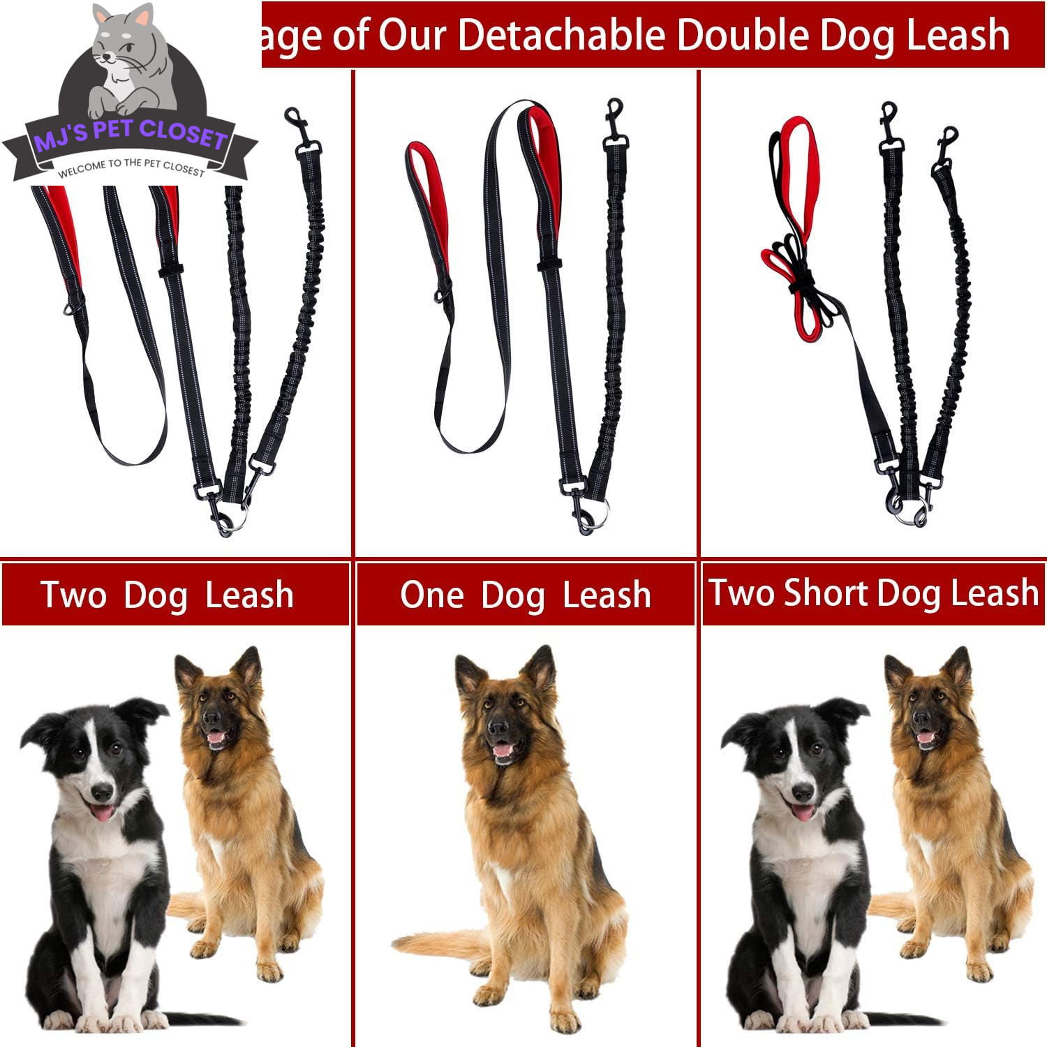 Detachable double dog leash set showing two vs one dog configurations with rope leads