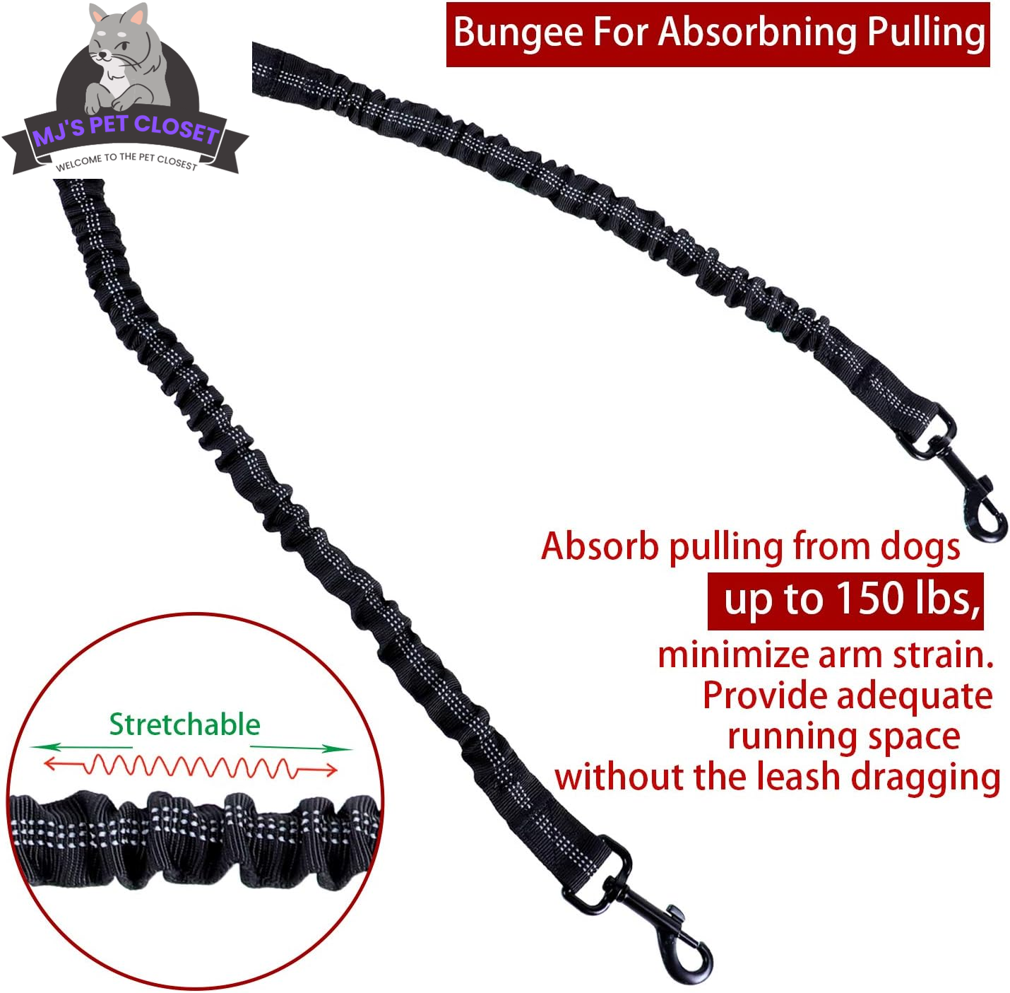 Bungee stretch double dog leash, black webbing with reflective stripes and strong hooks