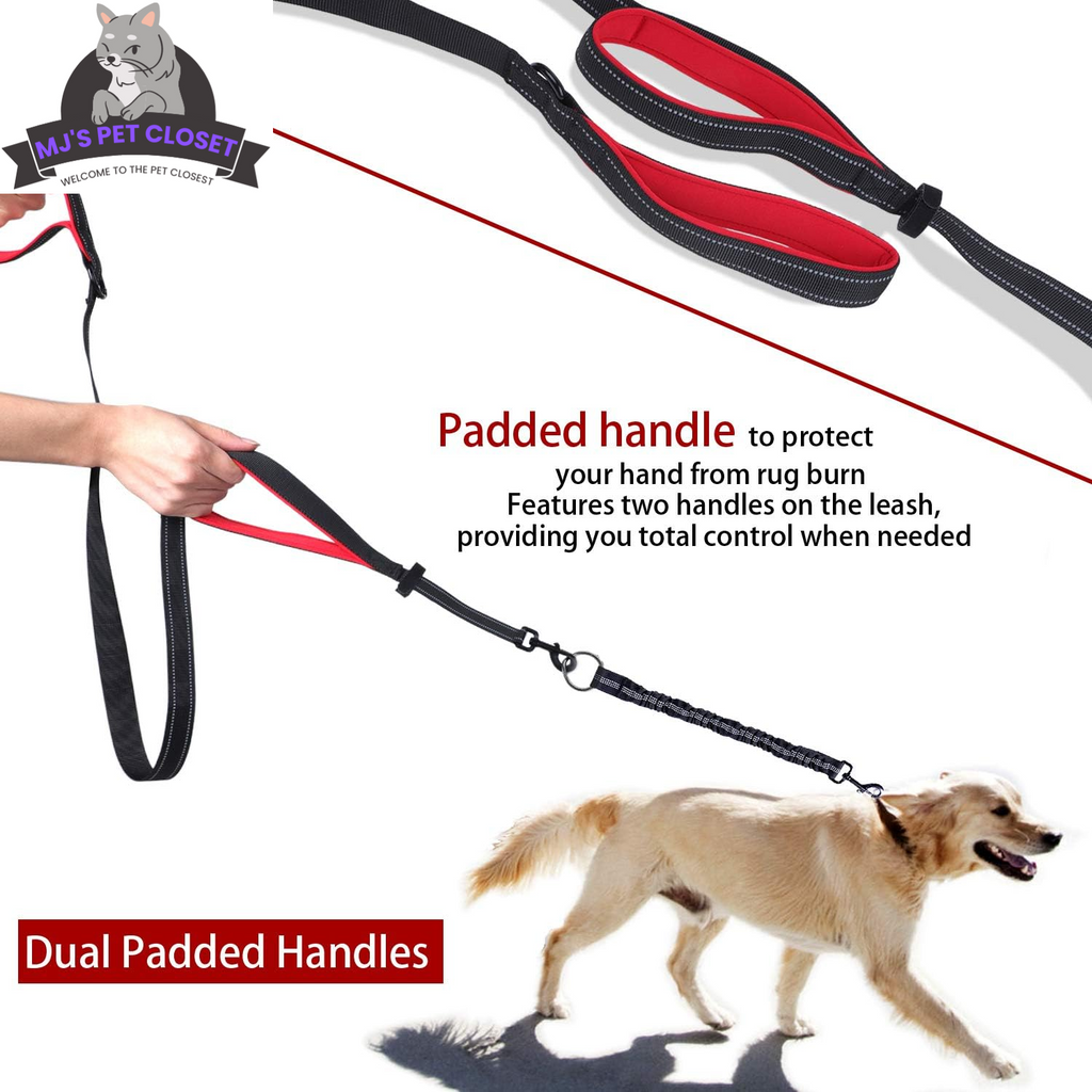 Black and red double dog leash with dual padded handles and metal clasps for control