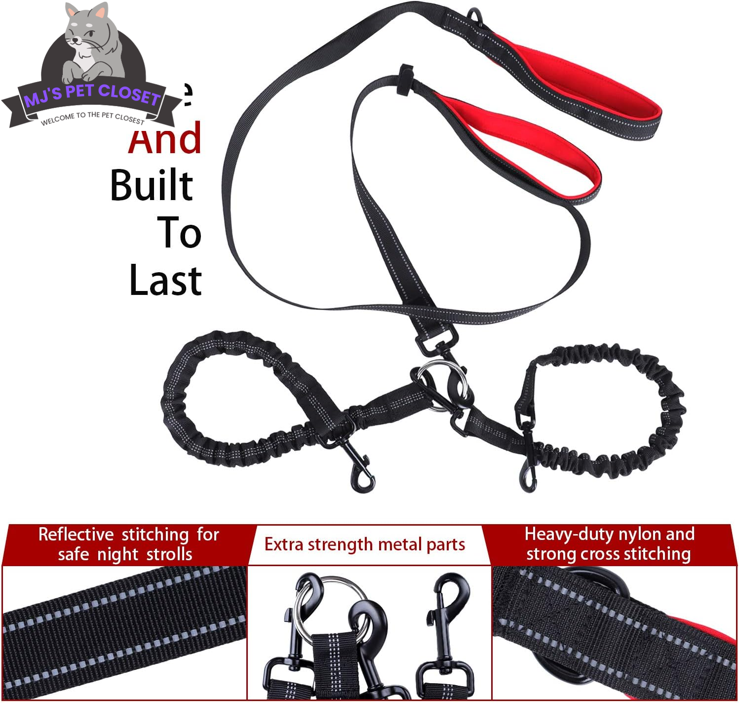Adjustable double dog leash with red padded strap, metal clips, heavy-duty nylon construction