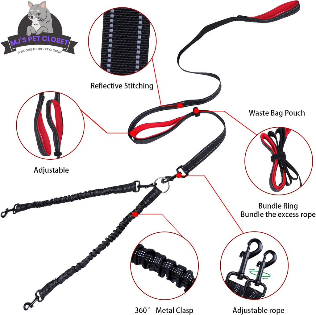 Reflective stitching, adjustable black rope leash with red accents and waste bag pouch
