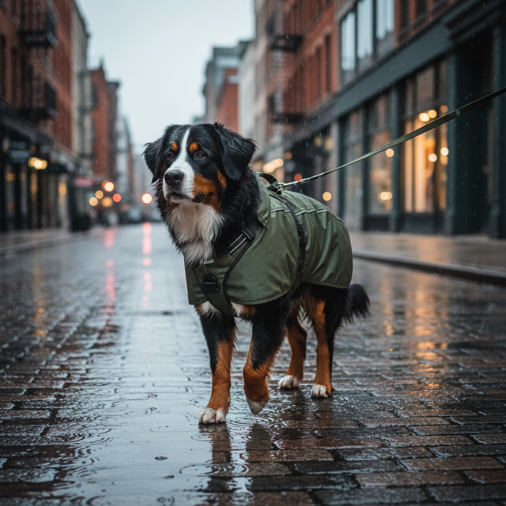 Dark green waterproof dog coat with built-in harness, front zipper and chest strap webbing