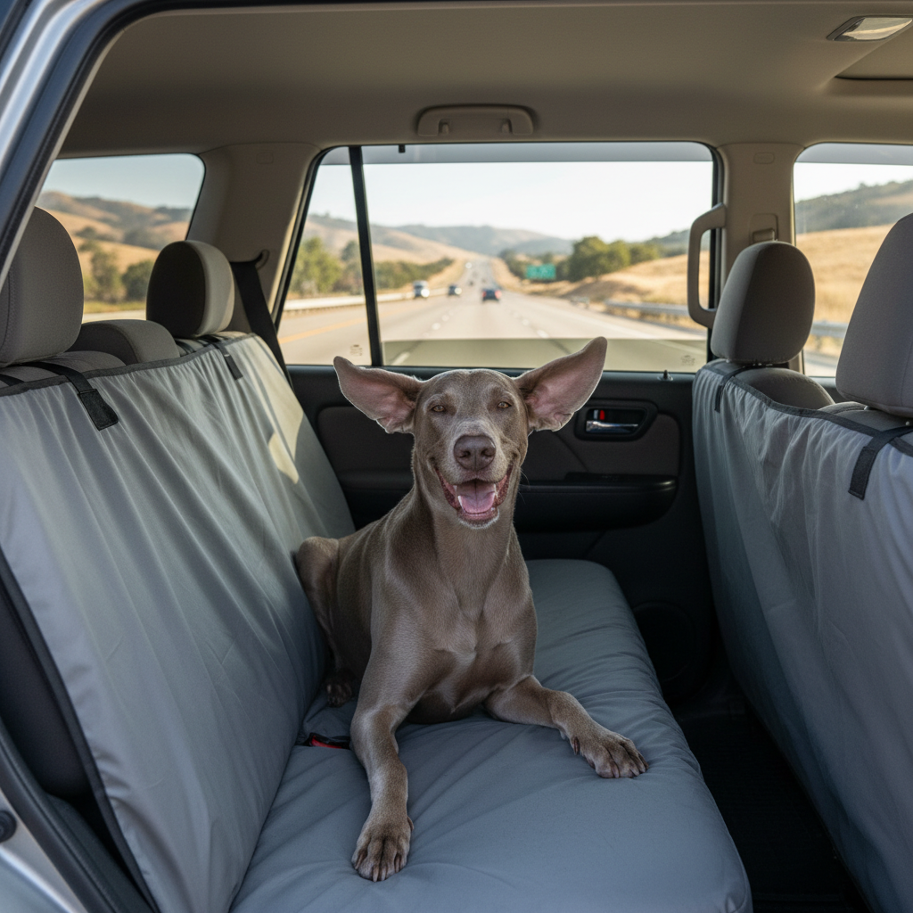 Gray dual-seat rear car mat for dogs, wipe-clean polyester seat cover.