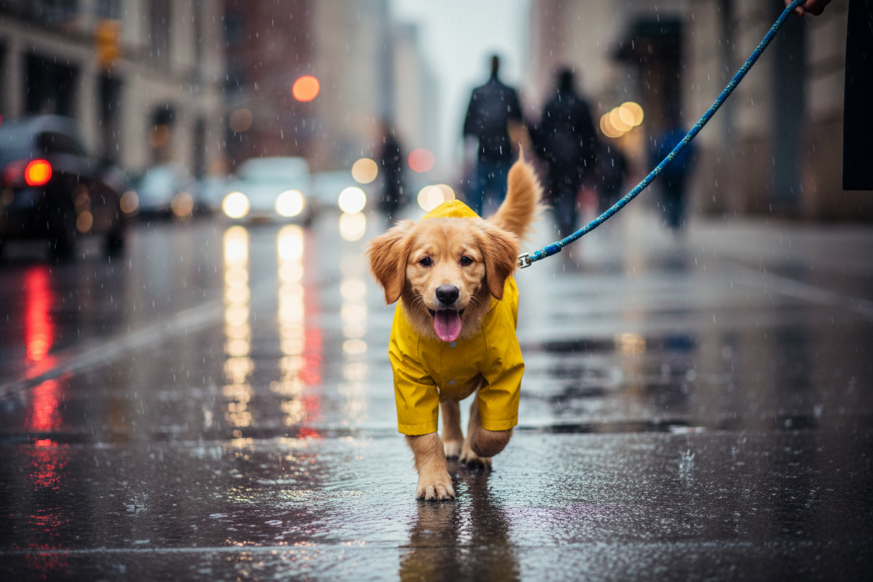 Lightweight waterproof dog raincoat in bright yellow, with hood and front closure