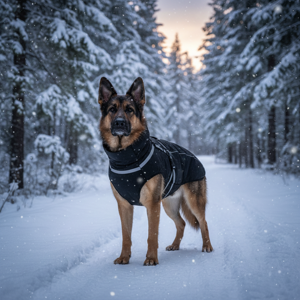 German shepherd wearing a black dog jacket with reflective bands and harness-style straps