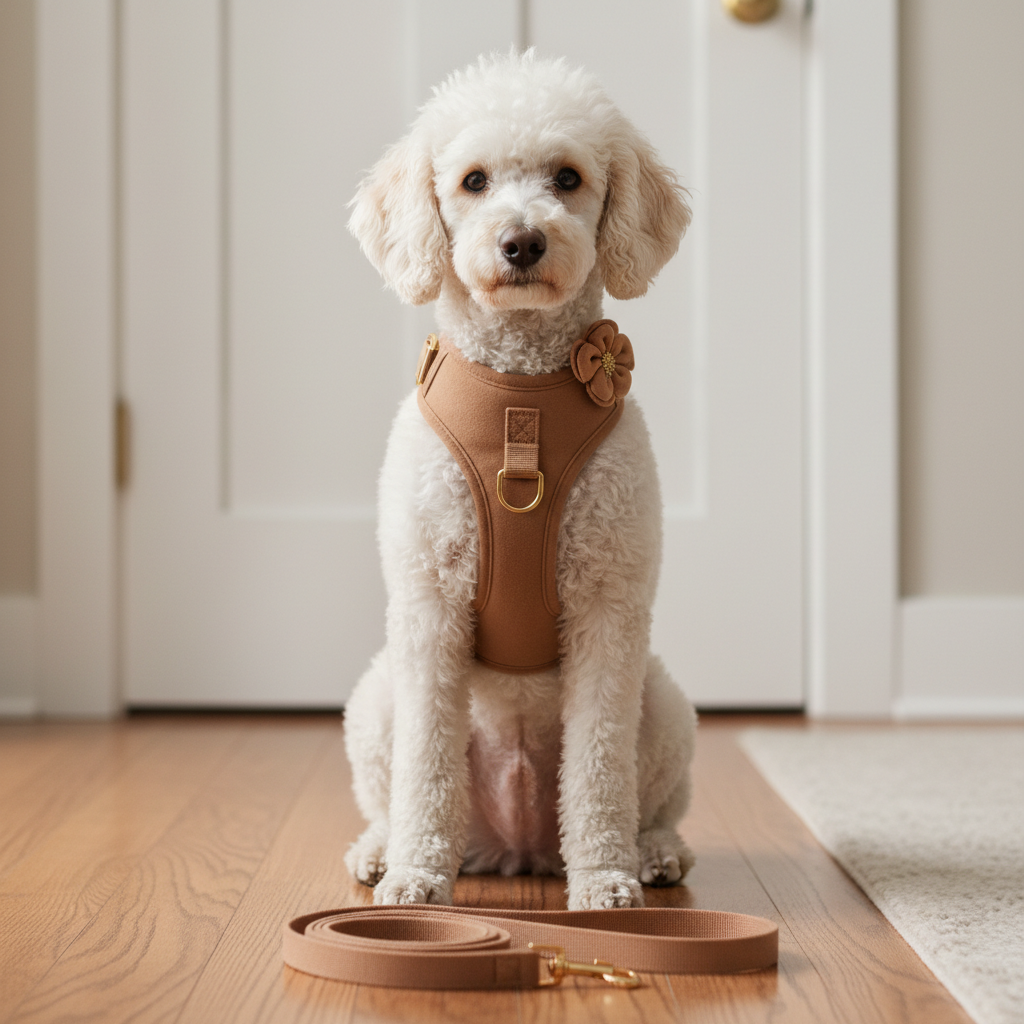Tan flannel pet harness with gold buckle and bow, with matching tan leash