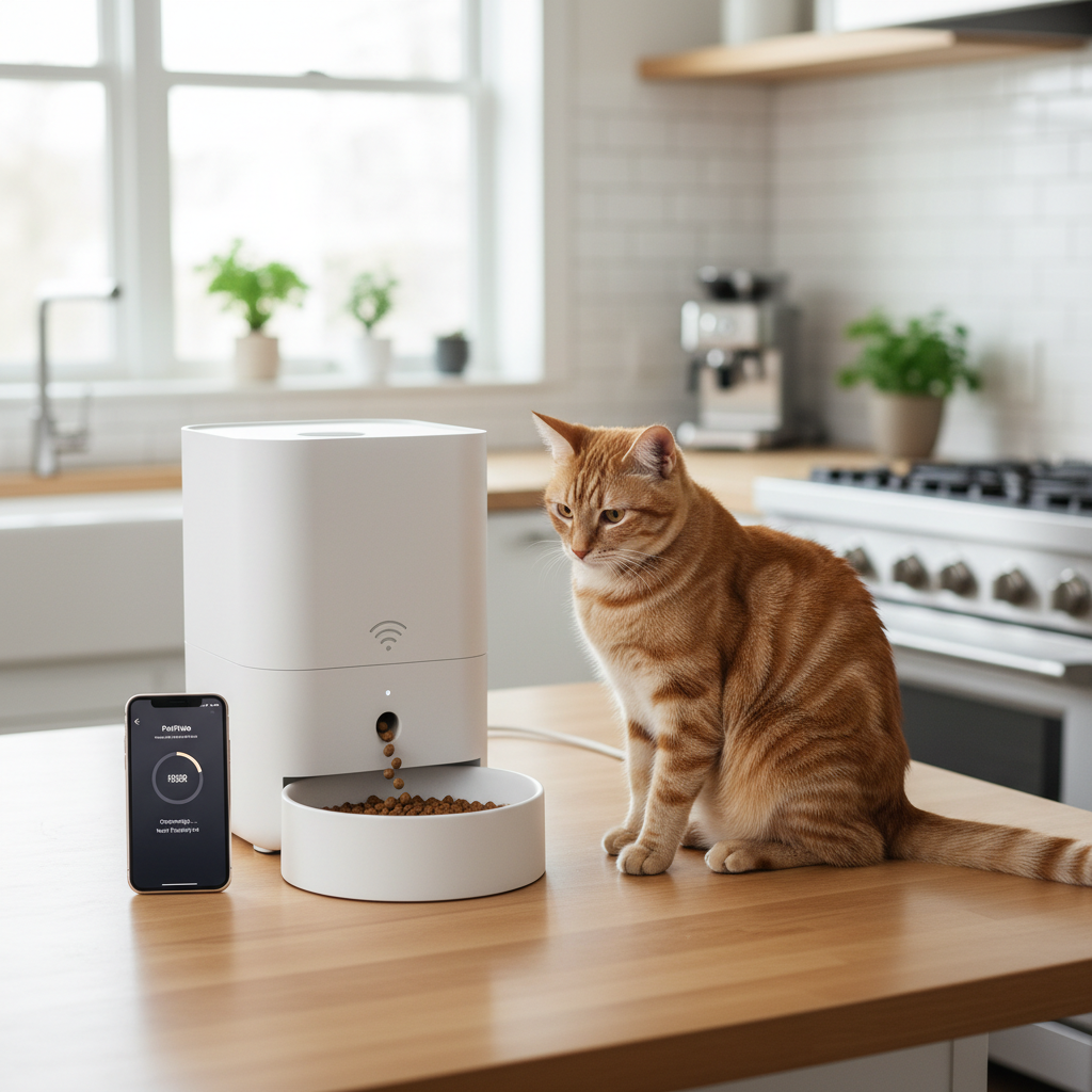 WiFi smart pet feeder with white base and round food bowl, WiFi icon visible