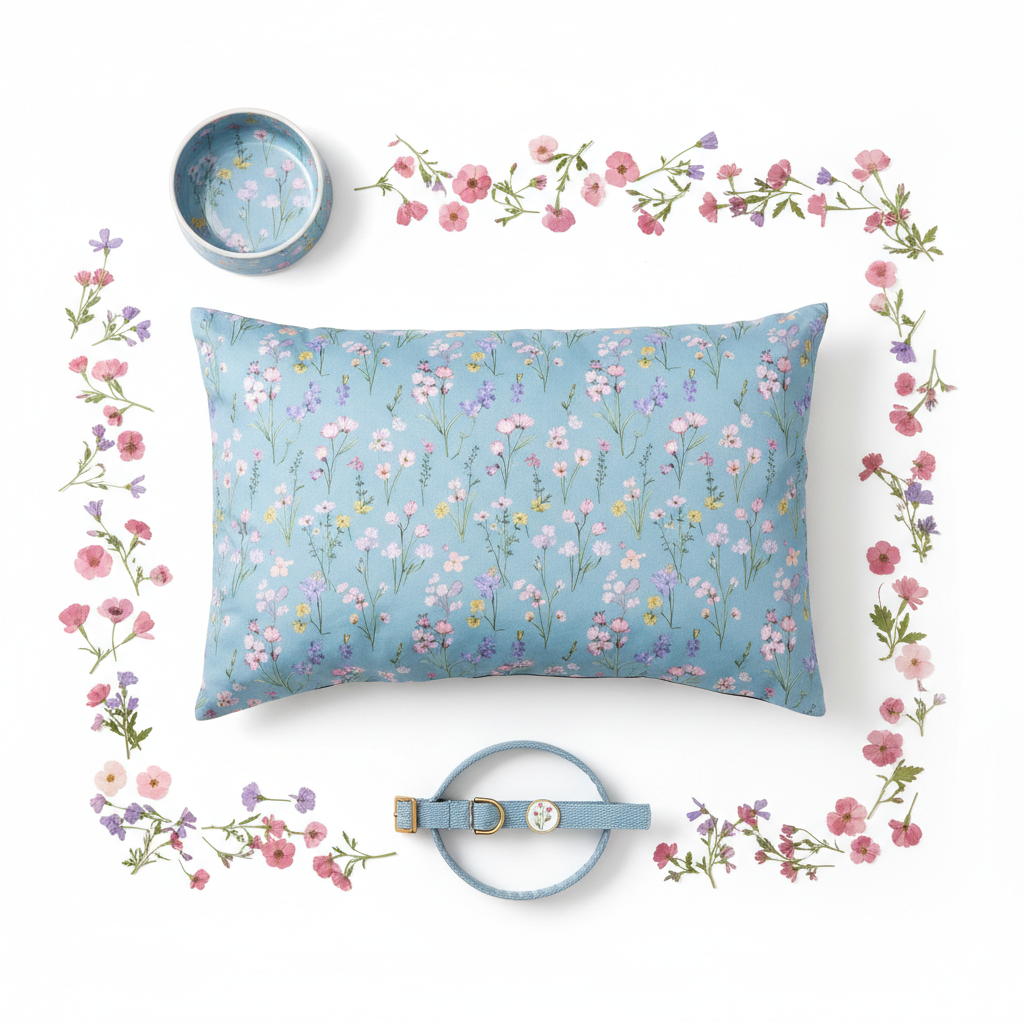 Blue floral pet bed with matching pet collar and round tag