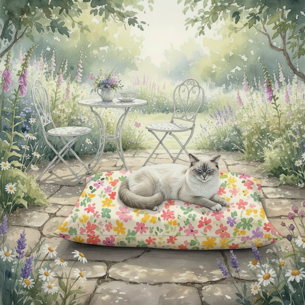 Rectangular pet bed with colorful watercolor floral confetti cover and zippered closure