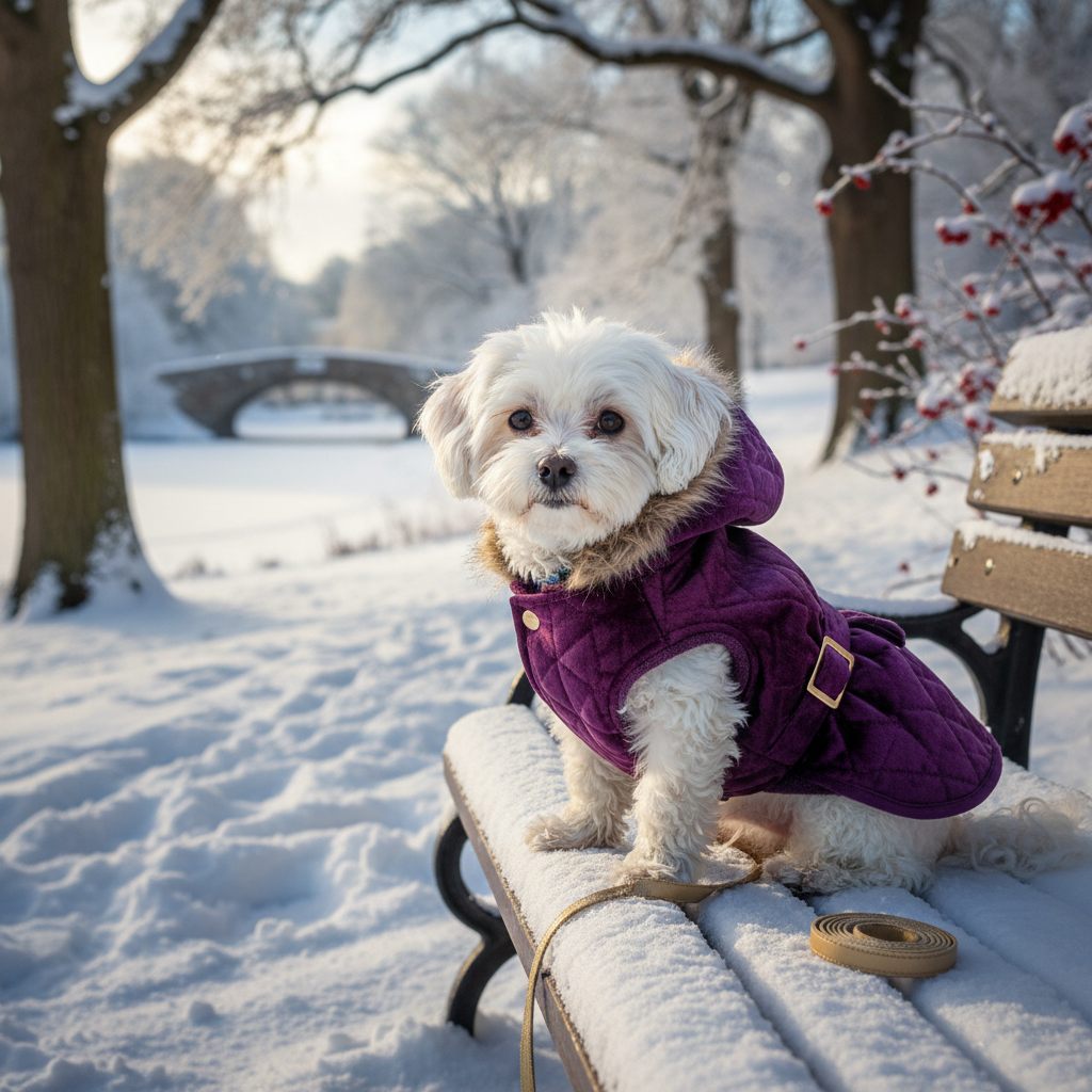 Purple quilted winter dog coat with hood and buckle strap