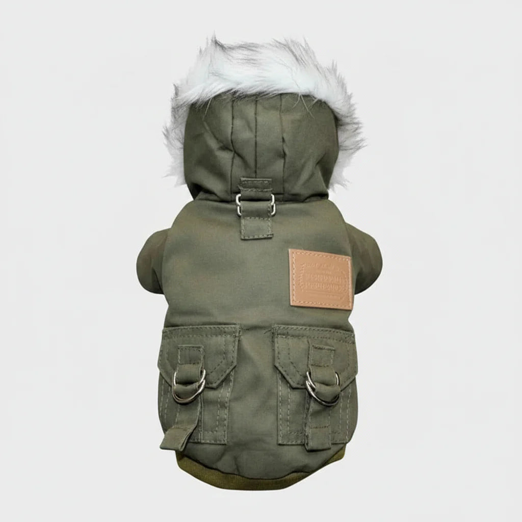 Olive green dog parka with faux-fur hood and built-in chest harness straps