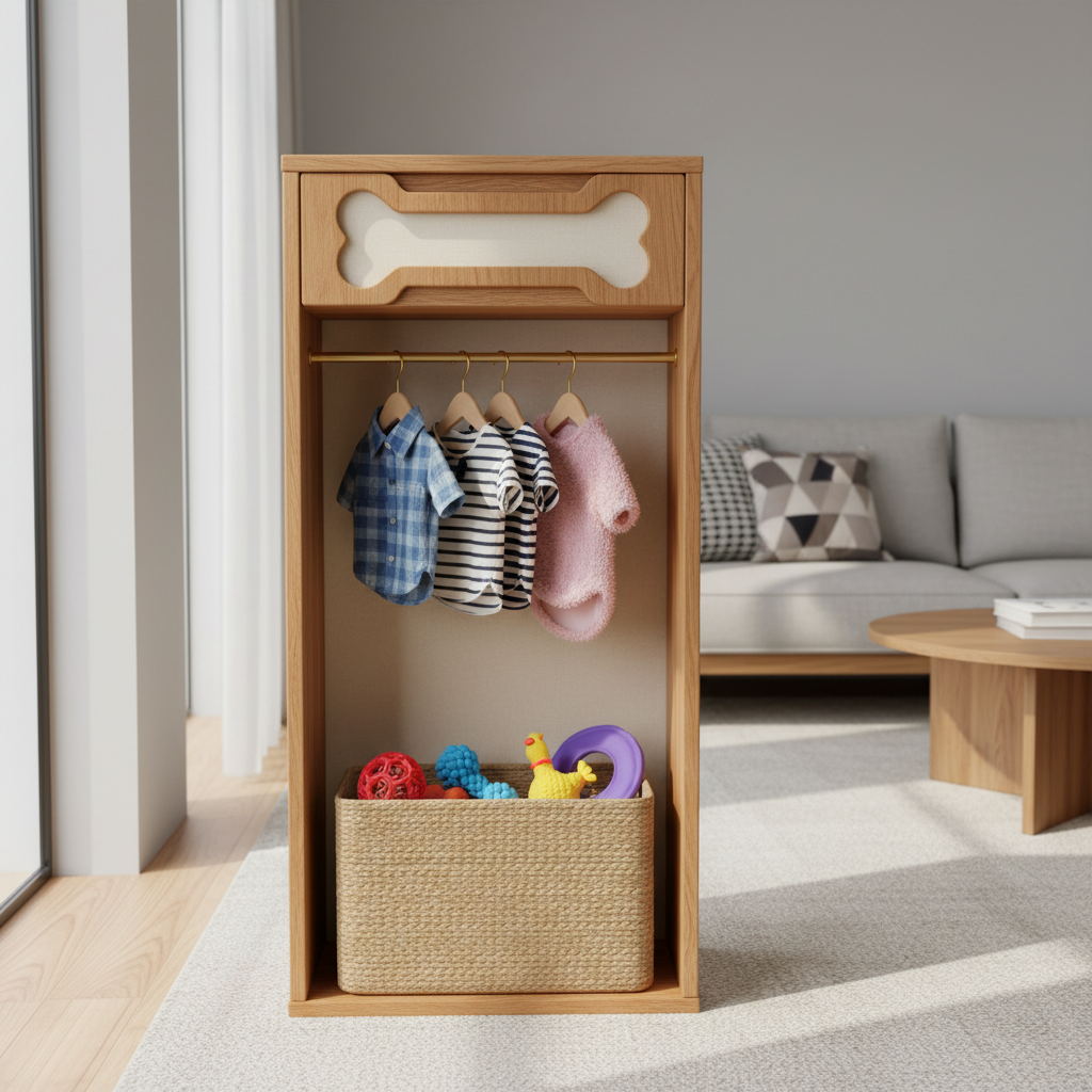 Wooden dog closet organizer with bone-shaped shelf, bar hangers, and woven storage basket