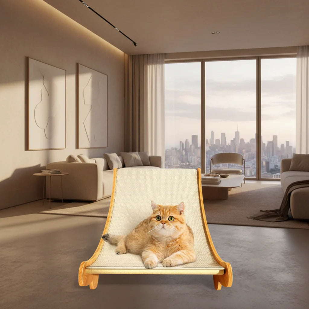 Wooden cat scratch pad bed with beige sisal scratch board and curved wooden base