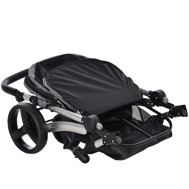 Folding pet stroller with black canopy, gray frame, and black wheels, side view