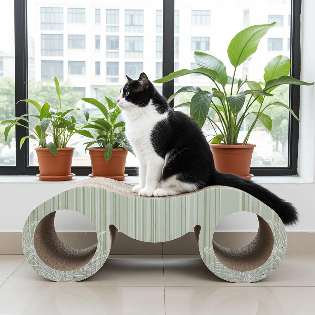 Cat scratcher lounger with curved wave base and two brown scratch pads, light patterned cover