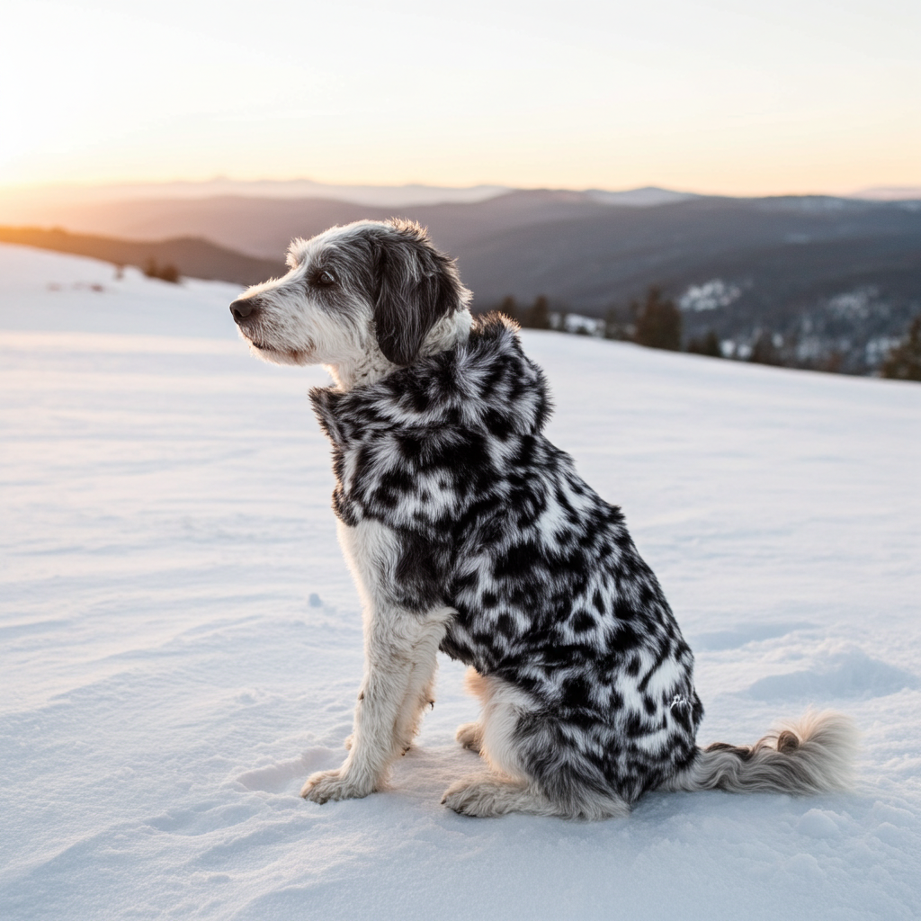 Mink fur dog coat with gray-scale tiger print, side view on seated dog