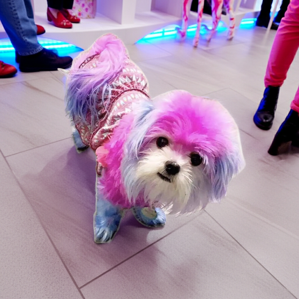 Temporary pet fur dye showing a small dog with pink and lavender fluffy fur
