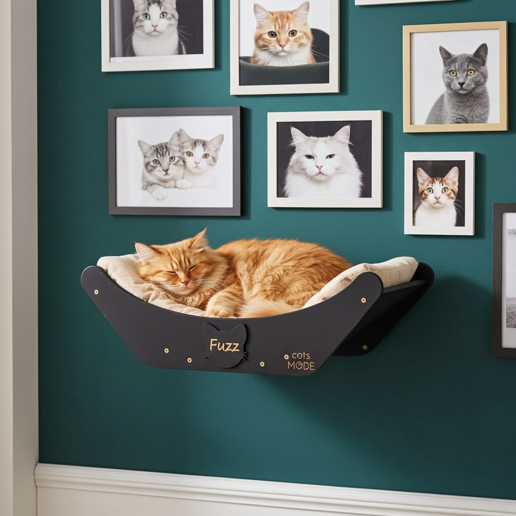 Black curved wall-mounted cat bed with sleeping orange cat