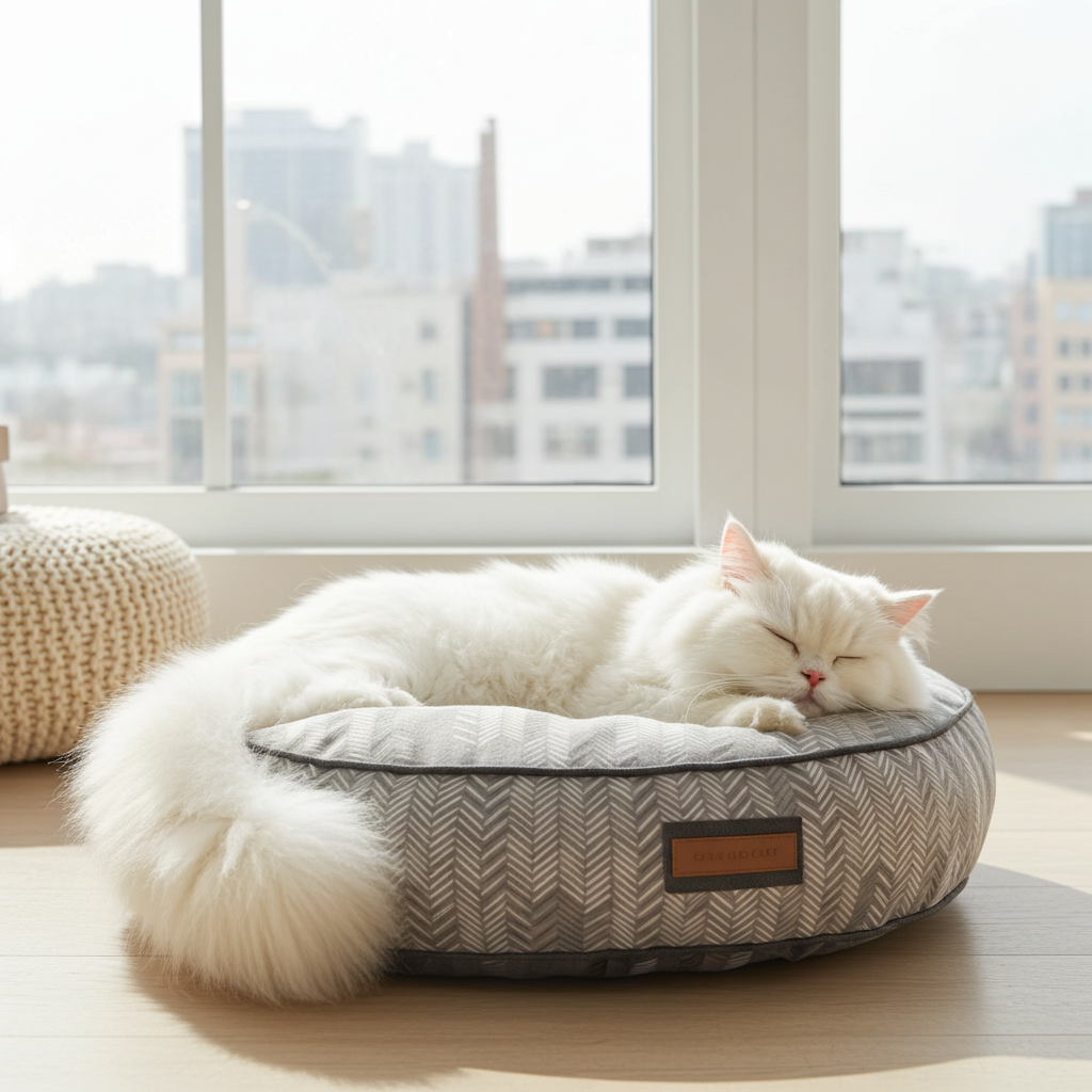 Round pet bed with gray-and-cream chevron cover, cat sleeping inside