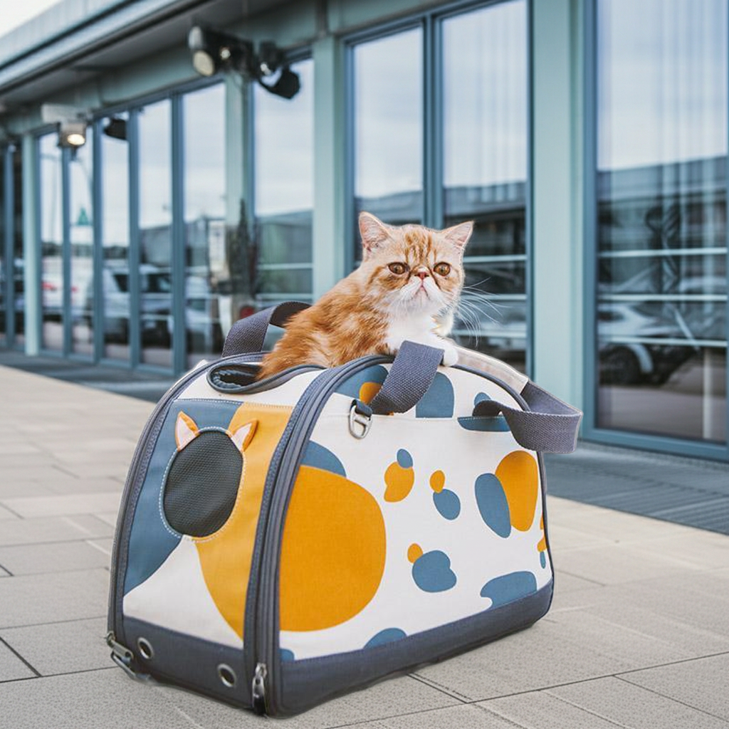 Touchcat collapsible cat carrier, blue/white with yellow paw pattern and mesh window