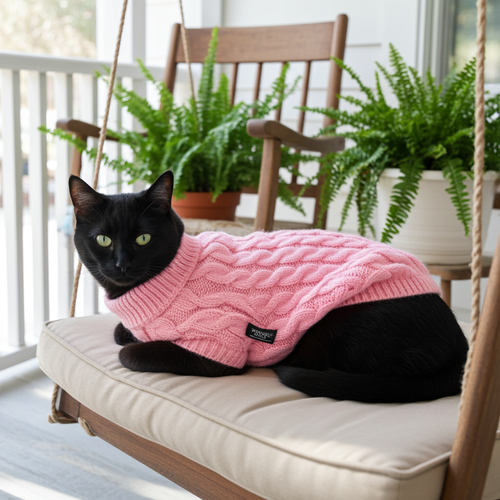 Extra warm cable knit pet sweater in pink, with ribbed neckline and sleeve cuffs