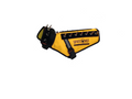 Fluorescent orange pet vest with black spikes, front strap and D-ring leash clip