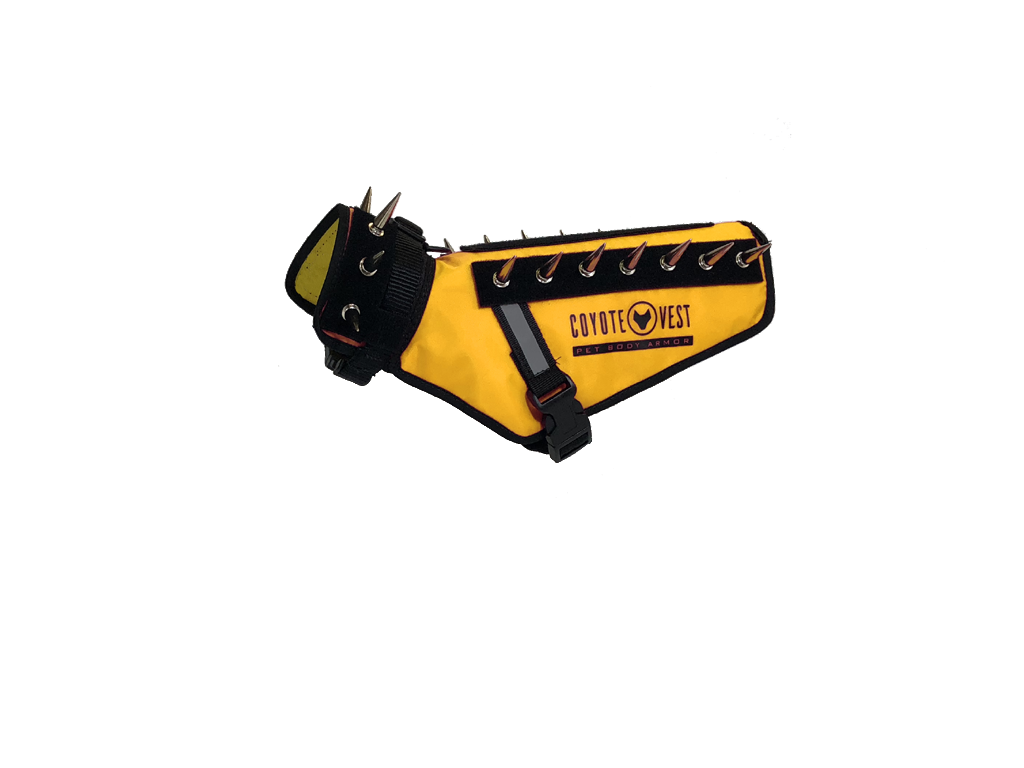 Fluorescent orange pet vest with black spikes, front strap and D-ring leash clip