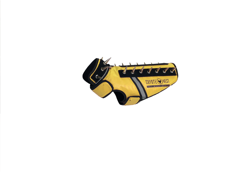 SpikeVest spiked vest with black side panels, golden yellow body, and metal spike row on top
