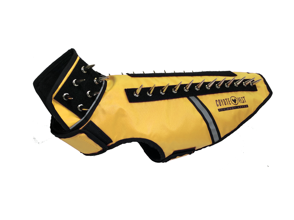 SpikeVest spiked vest with black side panels, yellow body, and metal spike row on top