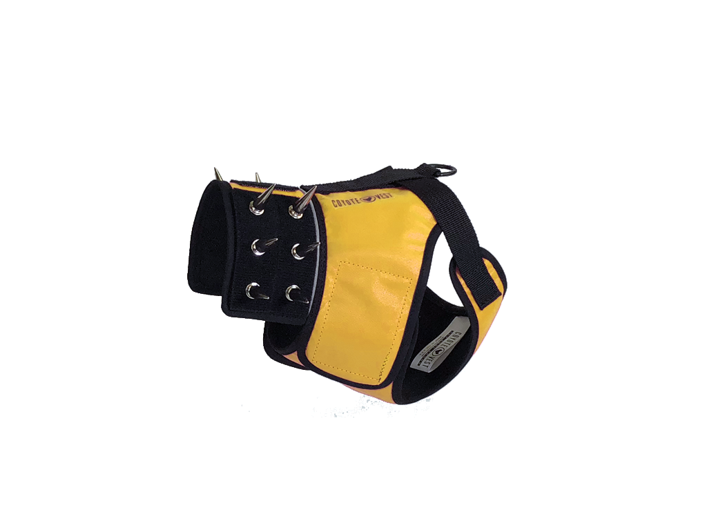Dog harness with black base and yellow padded front panel, metal ring snaps