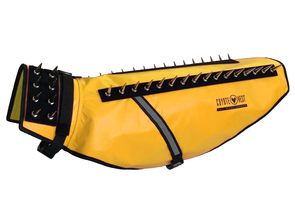 Yellow spiked dog harness vest with metal D-rings and adjustable side buckles