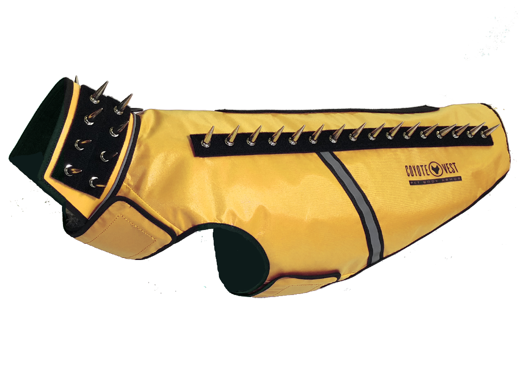 SpikeVest dog vest in yellow with black spike collar and metal studs, black trim