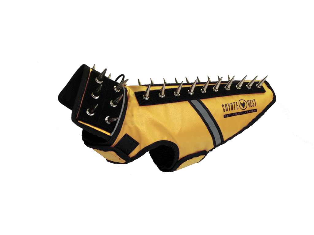 SpikeVest dog vest in tan with black spike collar and metal studs, black trim