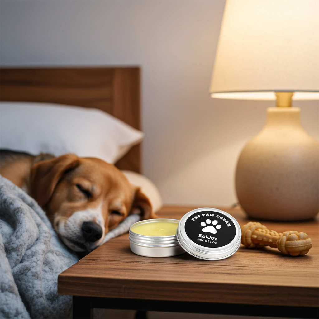 Pet paw cream tin on bedside table with yellow balm center
