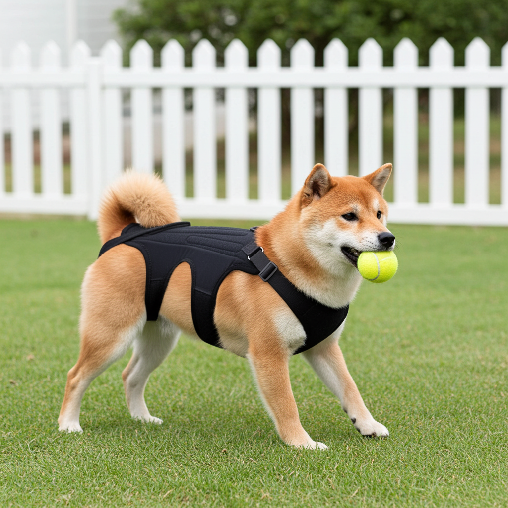 Dog back brace with padded support panels and adjustable straps, dark gray
