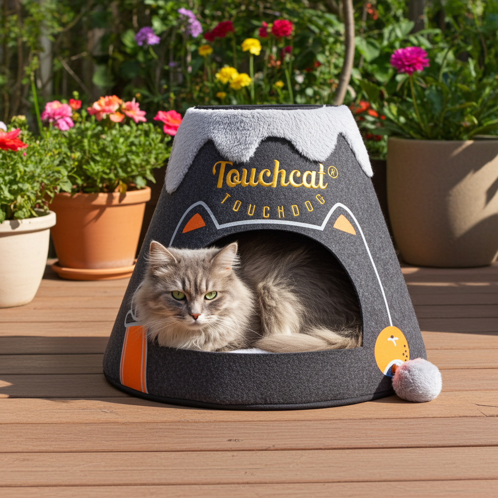 Triangular felt cat bed house in dark gray with logo, orange accents, hanging teaser toy