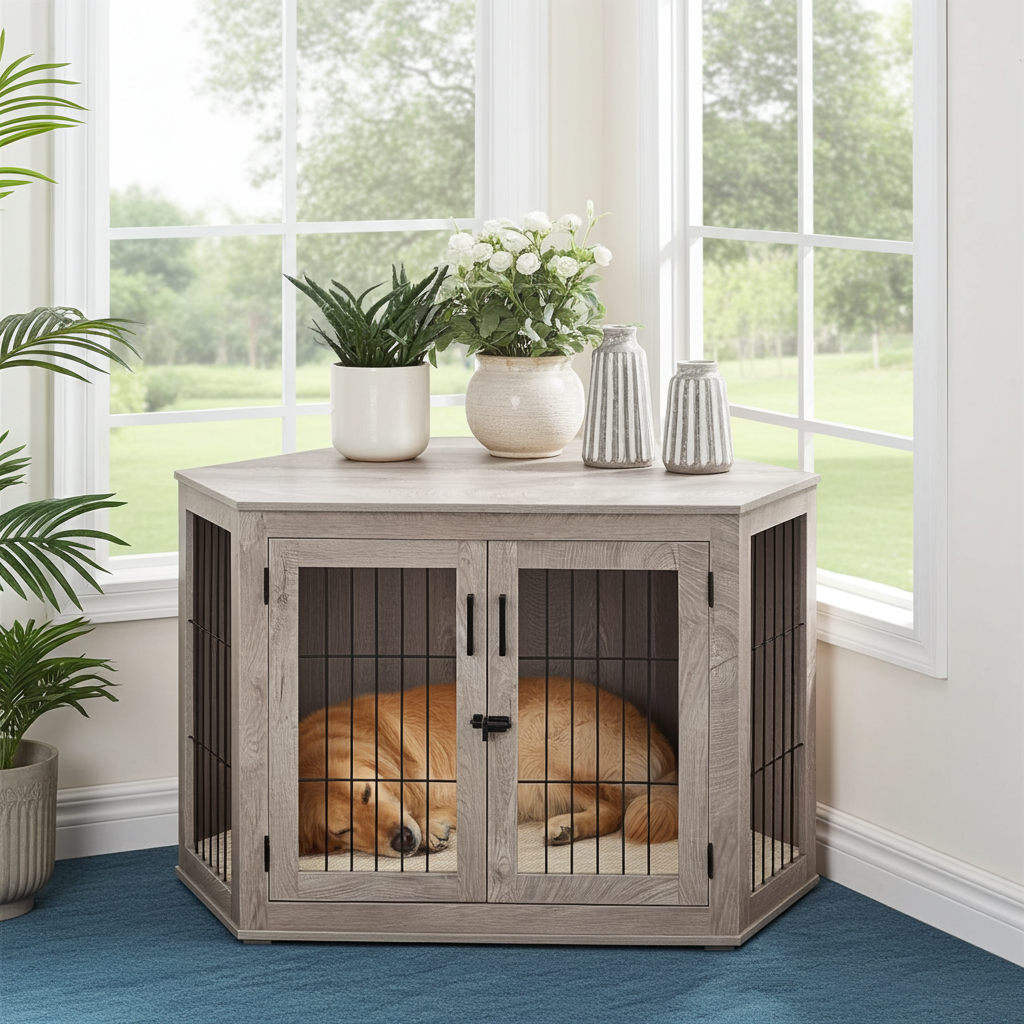 Corner dog crate with cushion, two front doors, dog resting inside.