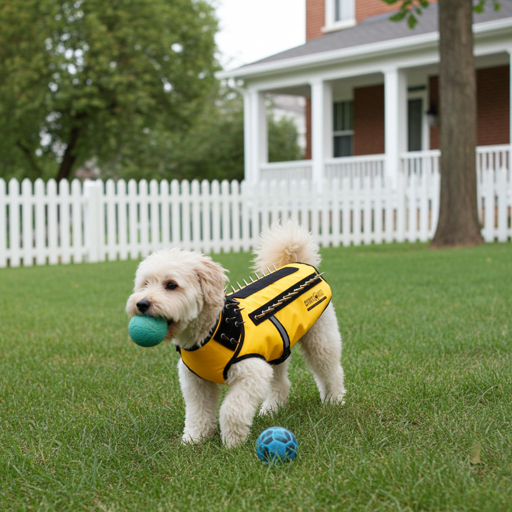Yellow pet safety vest with black straps and leash clip